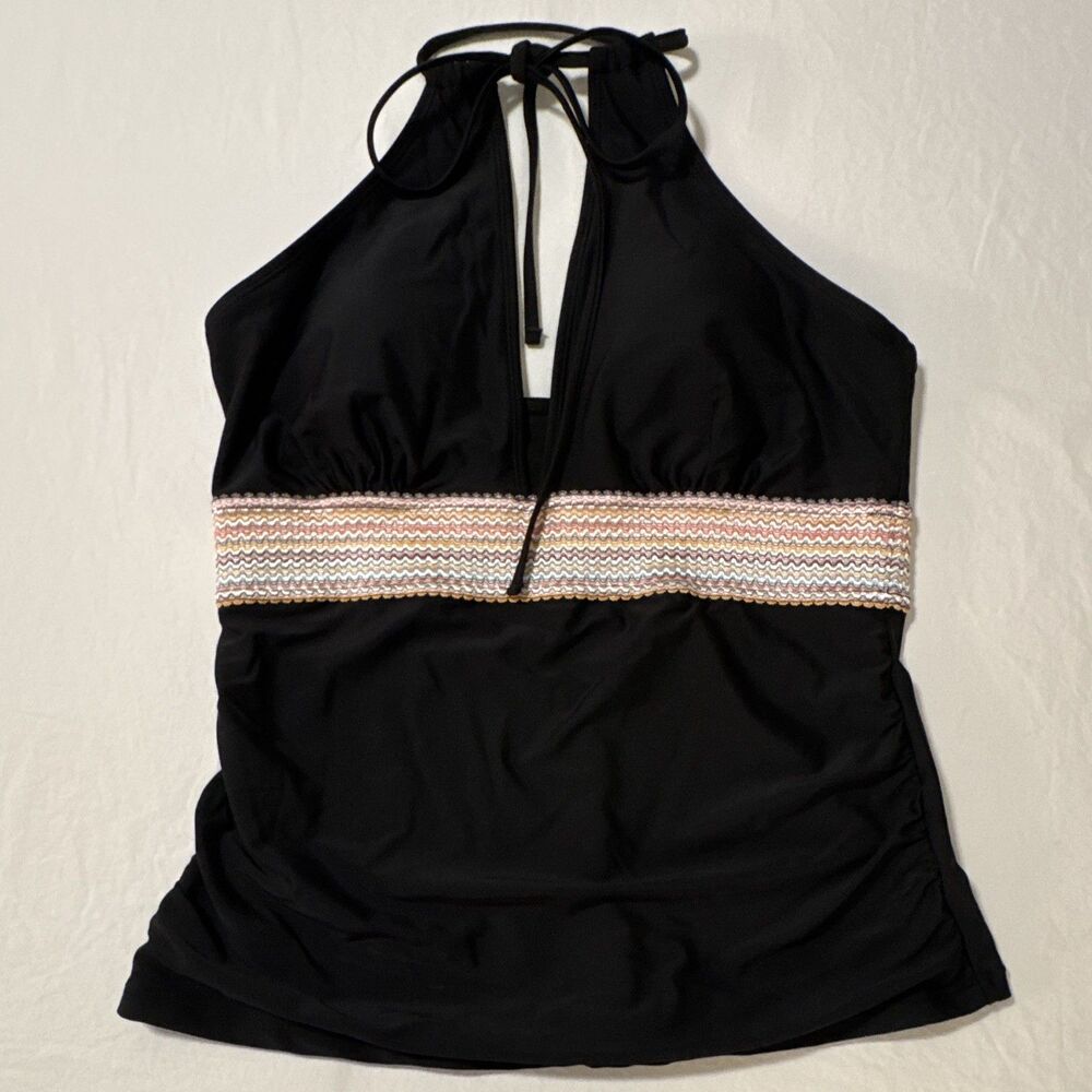 NWOT Yonique Womens L Black Tankini Swim Top Multicolor Rouched Halter Shelf Bra